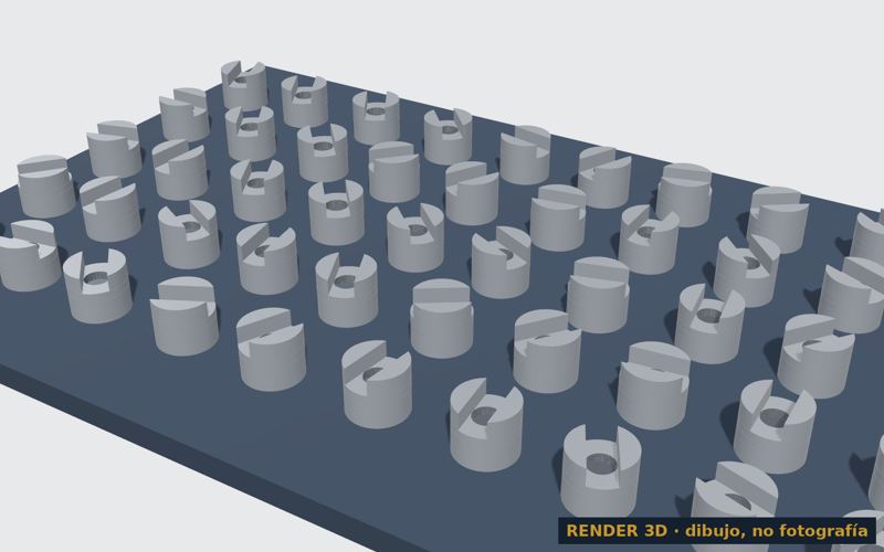 Render de una serie de 50 tacos ranurados mecanizados según plano